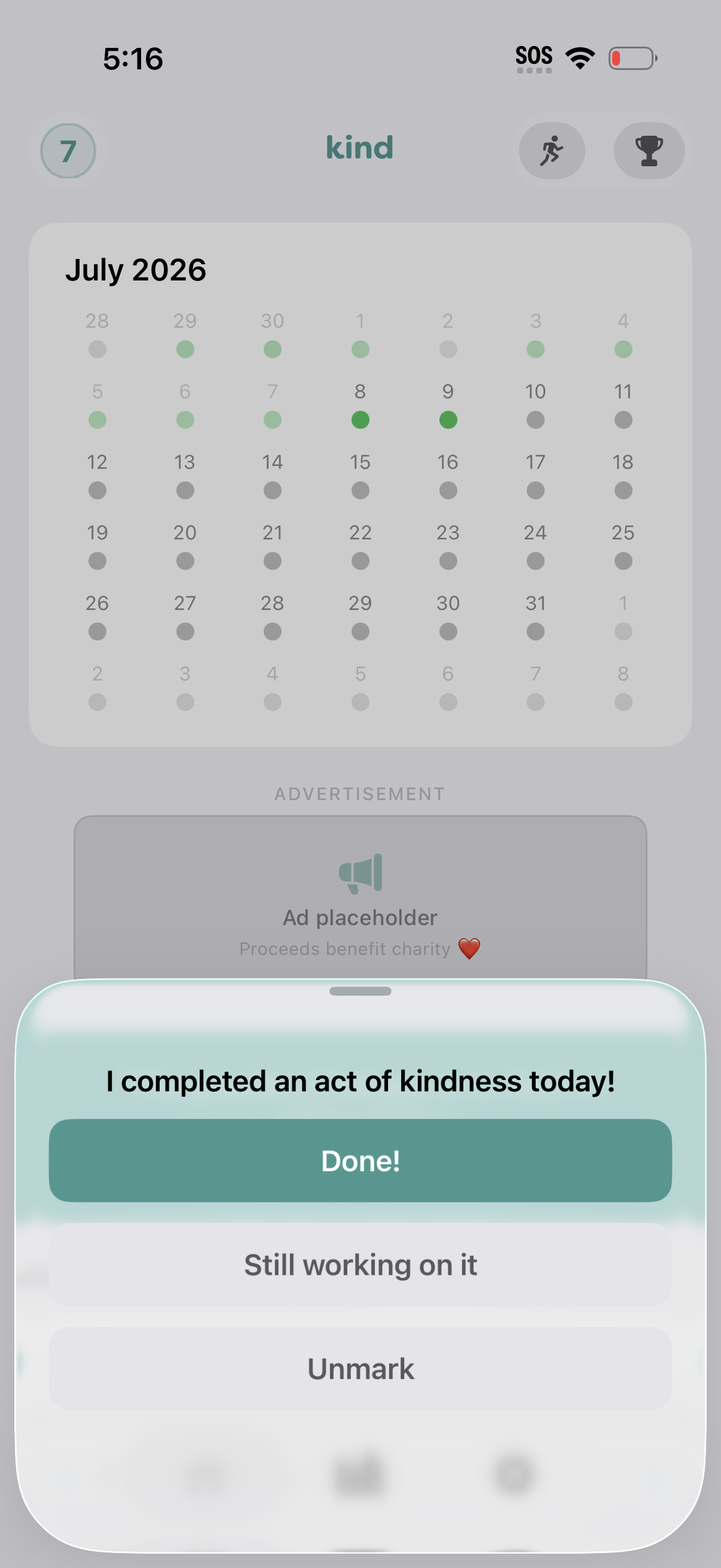 kind365 log screen - mark today's act of kindness complete